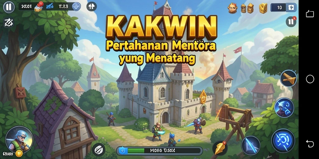 Tampilan screenshot gameplay KAKWIN menampilkan menara in aksi melawan musuh.