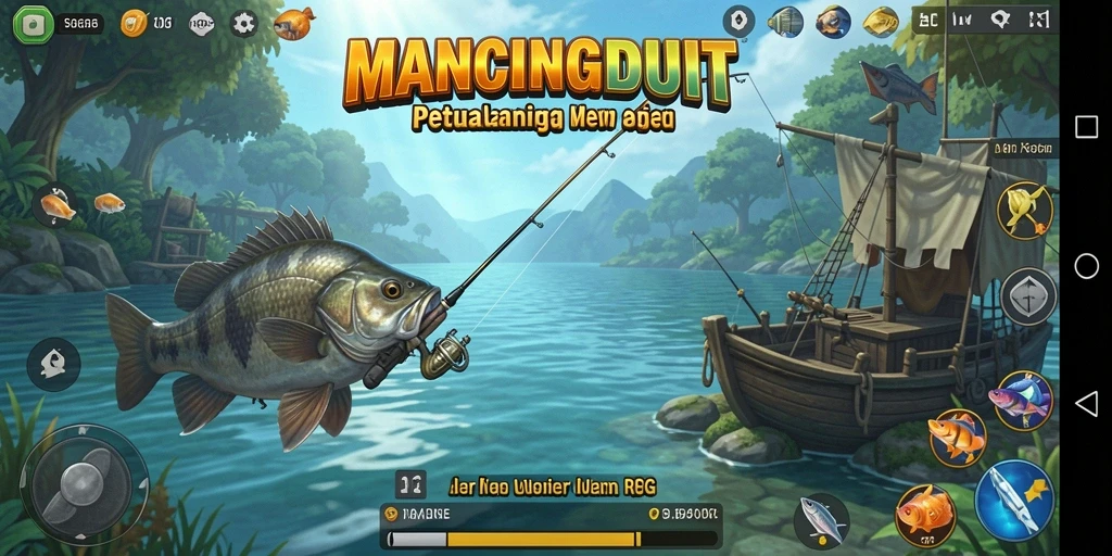 Tampilan gameplay seru dalam MANCINGDUIT dengan aksi menangkap ikan yang mendebarkan.