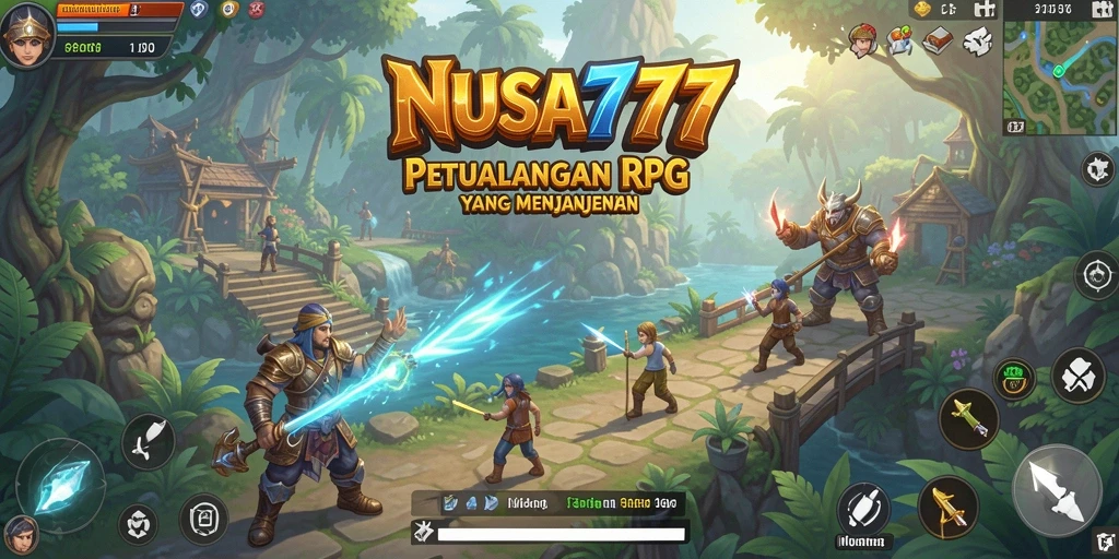 Tangkapan layar gameplay NUSA777 menampilkan pertarungan seru dan karakter epik.